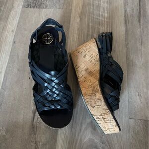 Tory Burch Black Woven Leather Cork Wedge Sandals 9M